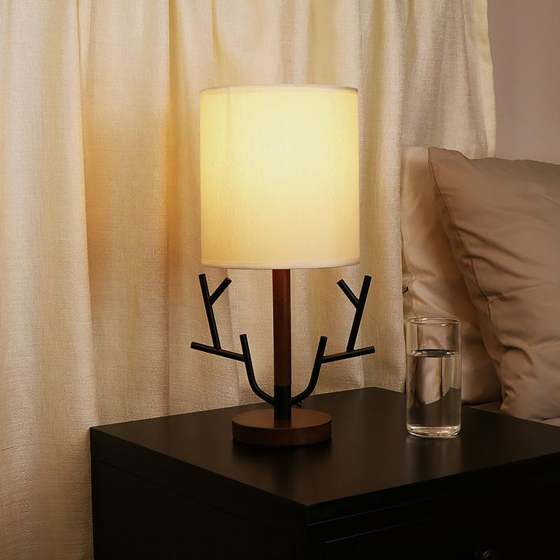 Rustic Tree Branch Table Lamp 16 Inch Vintage Wood Style Desk Light with Fabric Drum Shade US Plug
