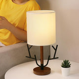 Rustic Tree Branch Table Lamp 16 Inch Vintage Wood Style Desk Light with Fabric Drum Shade US Plug