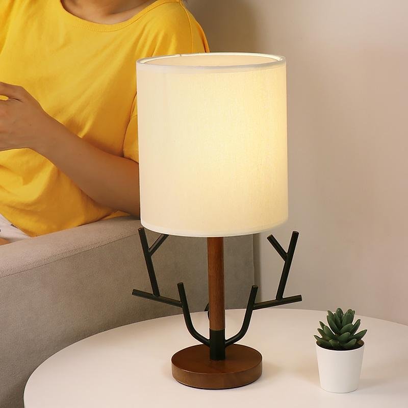 Rustic Tree Branch Table Lamp 16 Inch Vintage Wood Style Desk Light with Fabric Drum Shade US Plug