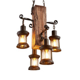 Rustic Wood Farmhouse Chandelier with 4 Lantern Lights for Kitchen Island and Dining Room