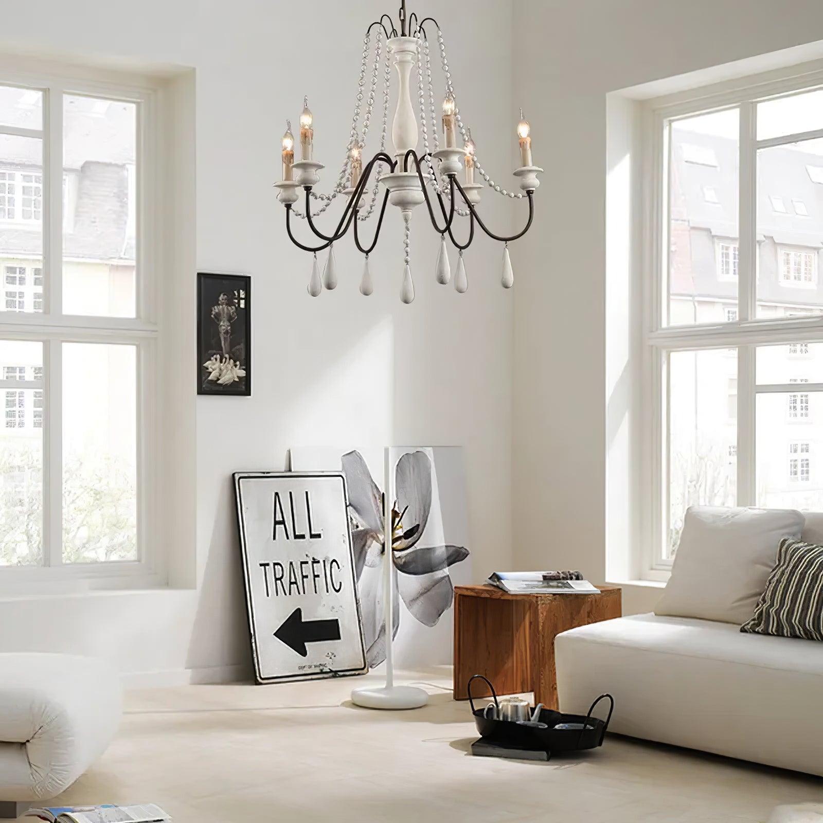 Rustic Wooden Bead Candle Style Gasolier Chandelier for Farmhouse Living Rooms