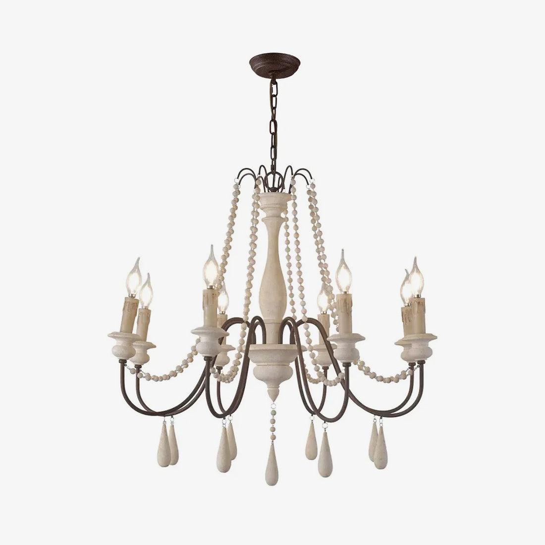 Rustic Wooden Bead Candle Style Gasolier Chandelier for Farmhouse Living Rooms