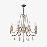 Rustic Wooden Bead Candle Style Gasolier Chandelier for Farmhouse Living Rooms