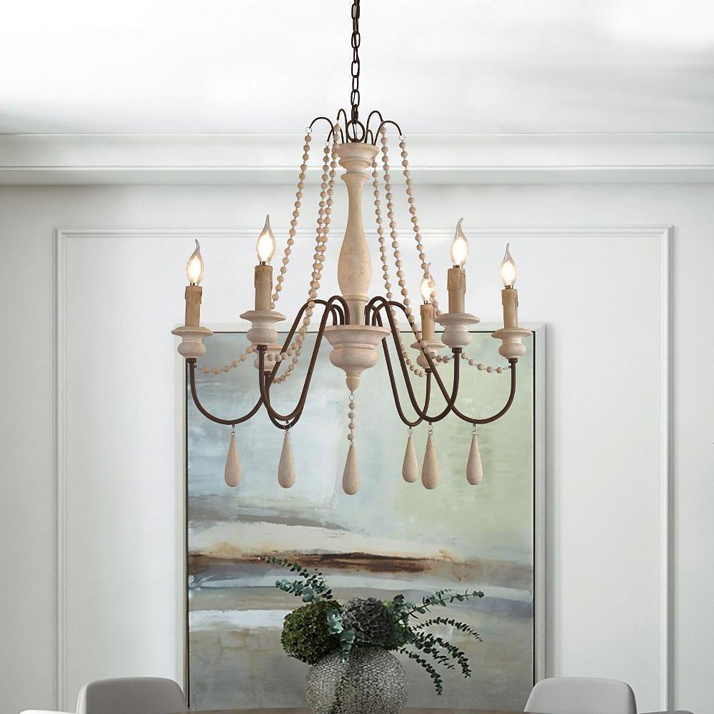 Rustic Wooden Bead Candle Style Gasolier Chandelier for Farmhouse Living Rooms