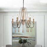 Rustic Wooden Bead Candle Style Gasolier Chandelier for Farmhouse Living Rooms