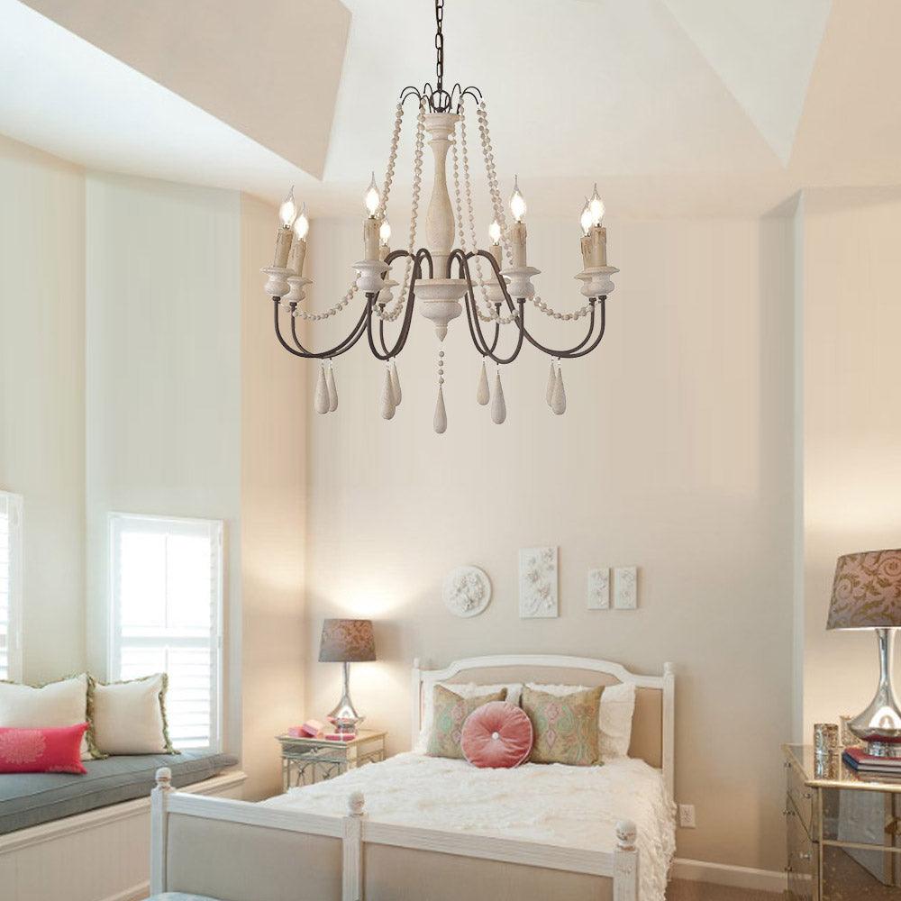 Rustic Wooden Bead Candle Style Gasolier Chandelier for Farmhouse Living Rooms