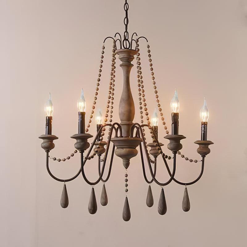 Rustic Wooden Bead Candle Style Gasolier Chandelier for Farmhouse Living Rooms