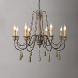 Rustic Wooden Bead Candle Style Gasolier Chandelier for Farmhouse Living Rooms