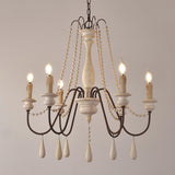 Rustic Wooden Bead Candle Style Gasolier Chandelier for Farmhouse Living Rooms