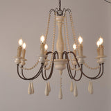 Rustic Wooden Bead Candle Style Gasolier Chandelier for Farmhouse Living Rooms