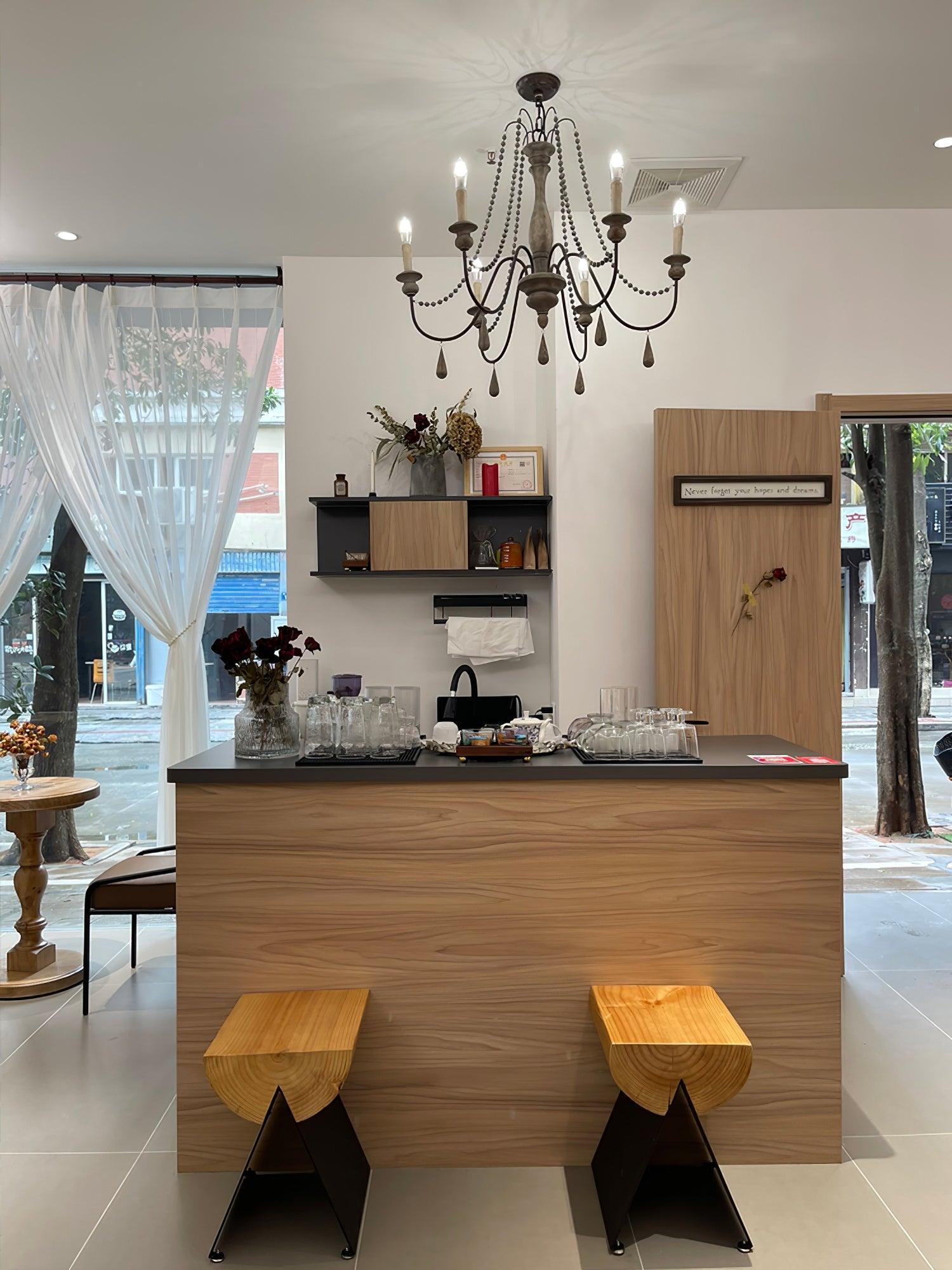 Rustic Wooden Bead Candle Style Gasolier Chandelier for Farmhouse Living Rooms