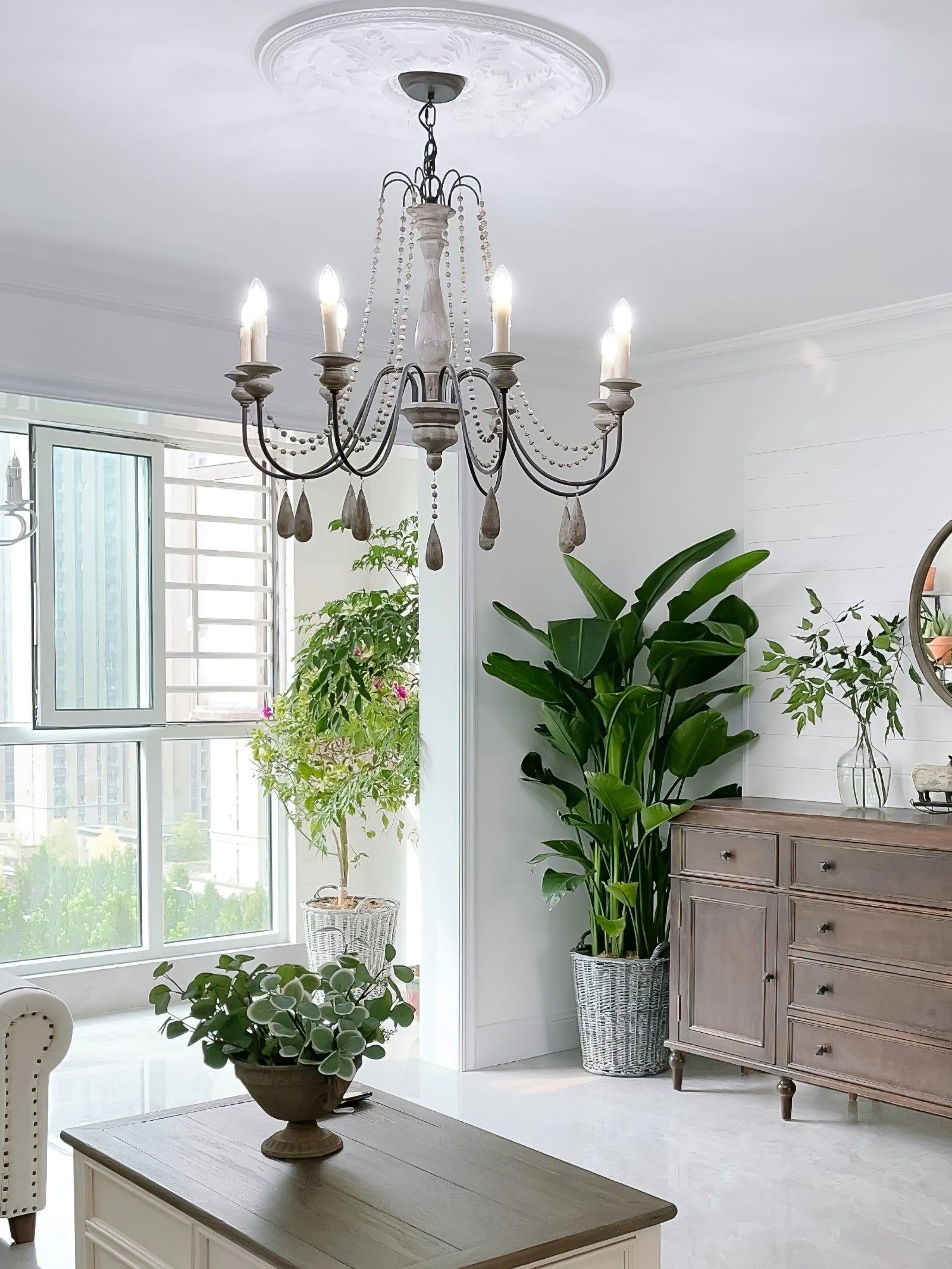 Rustic Wooden Bead Candle Style Gasolier Chandelier for Farmhouse Living Rooms