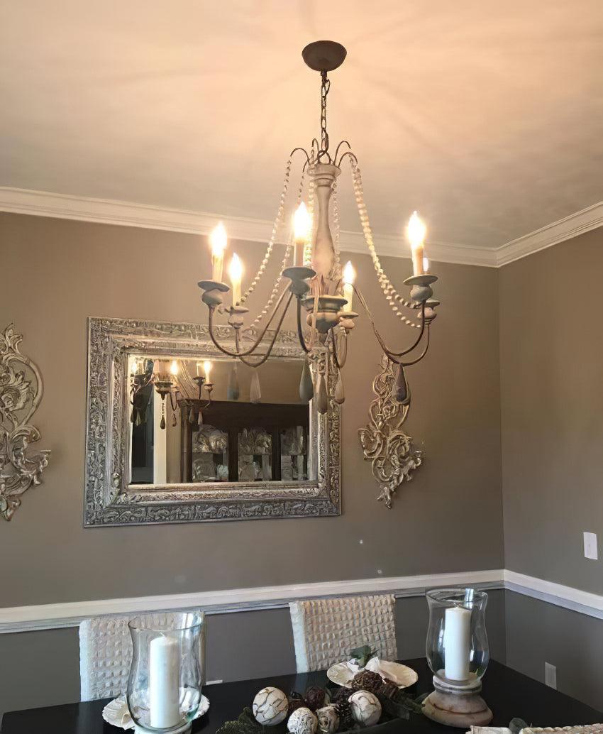 Rustic Wooden Bead Candle Style Gasolier Chandelier for Farmhouse Living Rooms