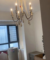 Rustic Wooden Bead Candle Style Gasolier Chandelier for Farmhouse Living Rooms