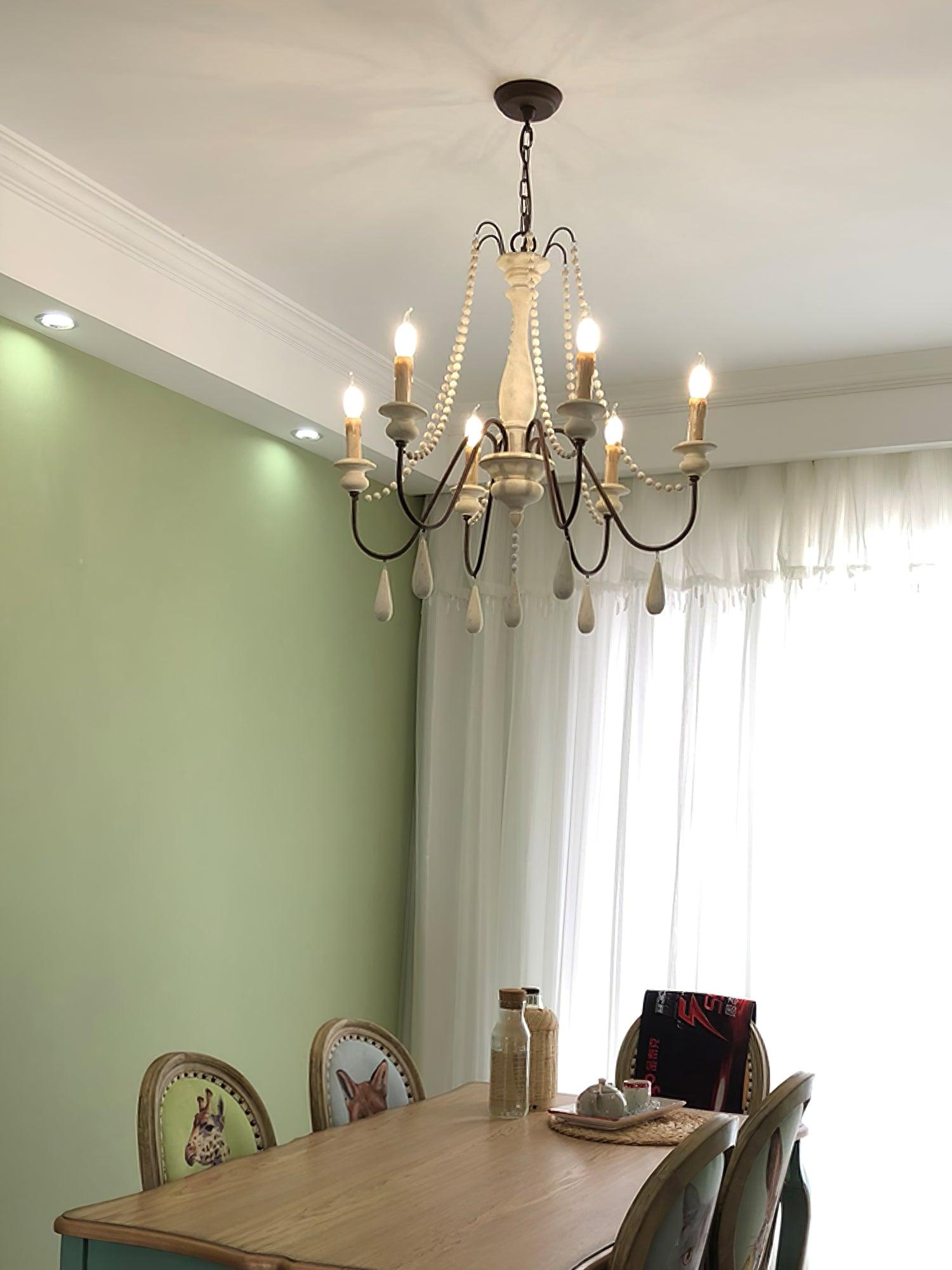 Rustic Wooden Bead Candle Style Gasolier Chandelier for Farmhouse Living Rooms