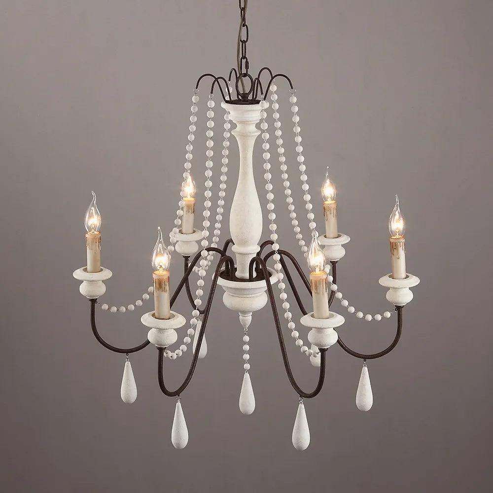 Rustic Wooden Bead Candle Style Gasolier Chandelier for Farmhouse Living Rooms