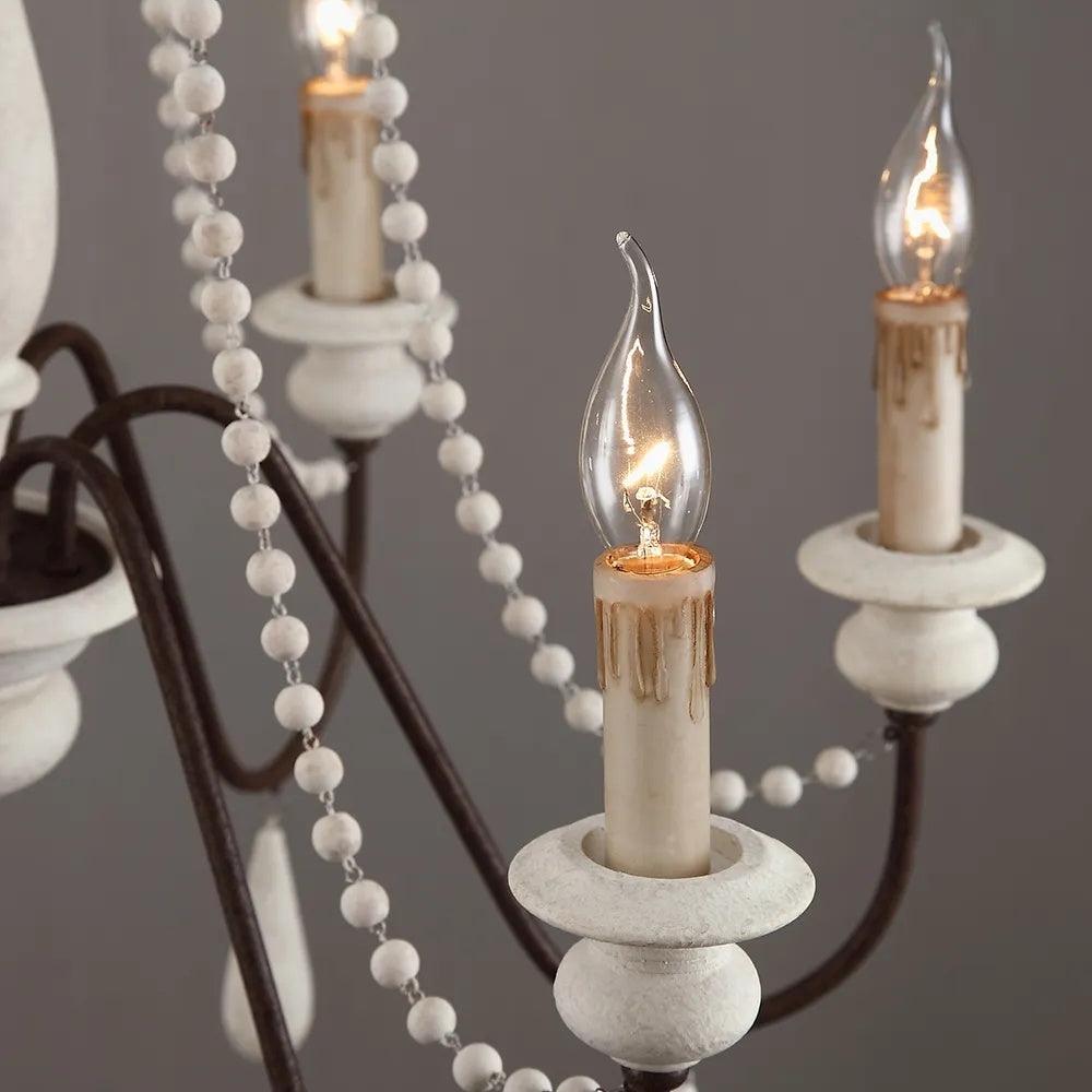 Rustic Wooden Bead Candle Style Gasolier Chandelier for Farmhouse Living Rooms