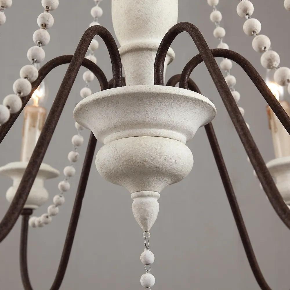 Rustic Wooden Bead Candle Style Gasolier Chandelier for Farmhouse Living Rooms