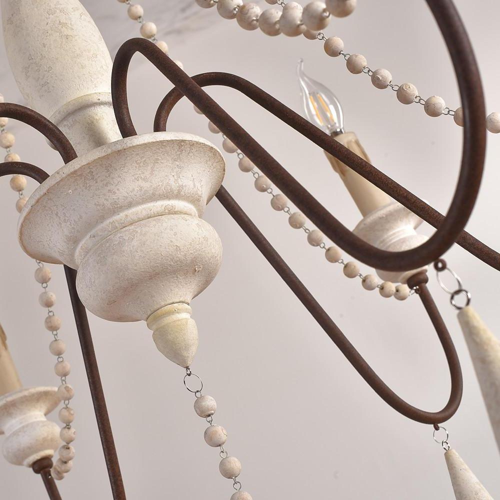 Rustic Wooden Bead Candle Style Gasolier Chandelier for Farmhouse Living Rooms