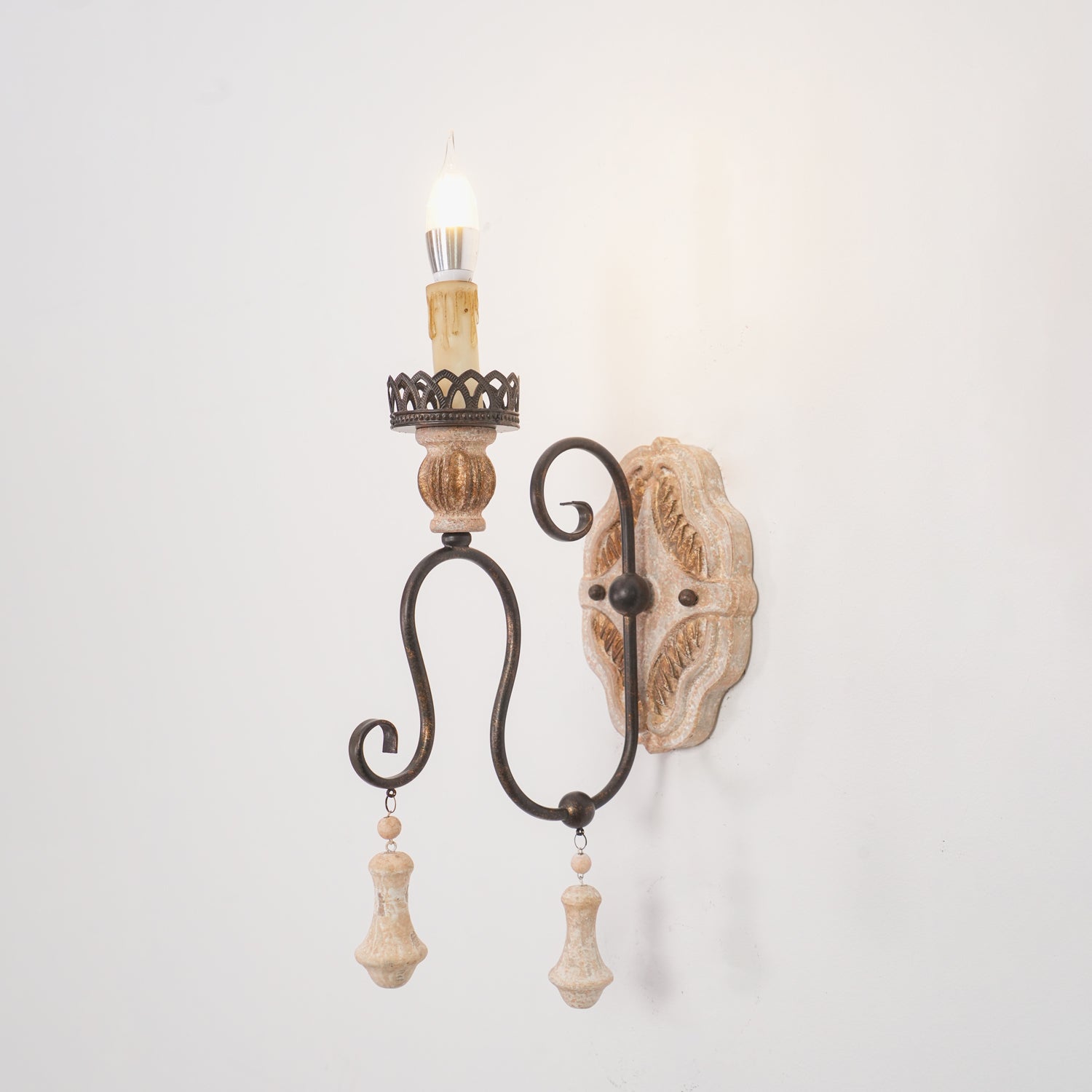Santa Trinita Vintage Aged Silver Leaf Hand Carved Wood Wall Sconce Light Fixture Set of 2