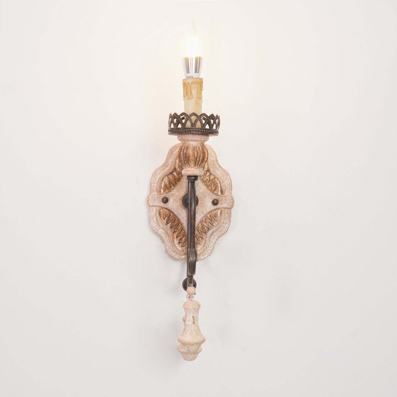Santa Trinita Vintage Aged Silver Leaf Hand Carved Wood Wall Sconce Light Fixture Set of 2