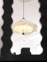 Scalloped Edge Pleated Shade Pendant Light Walnut Finish Indoor Hanging Lamp