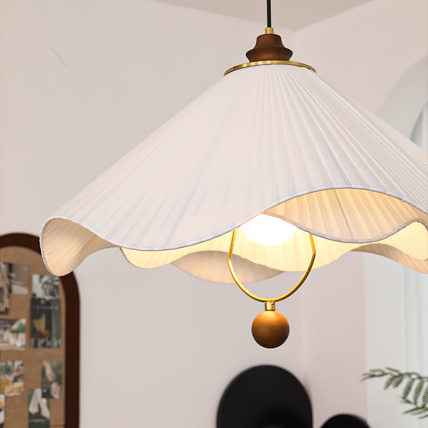 Scalloped Edge Pleated Shade Pendant Light Walnut Finish Indoor Hanging Lamp
