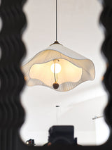 Scalloped Edge Pleated Shade Pendant Light Walnut Finish Indoor Hanging Lamp
