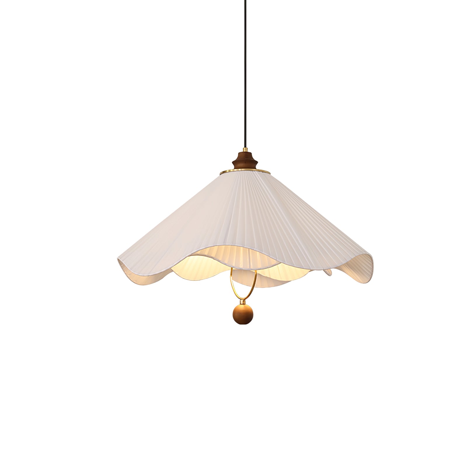 Scalloped Edge Pleated Shade Pendant Light Walnut Finish Indoor Hanging Lamp