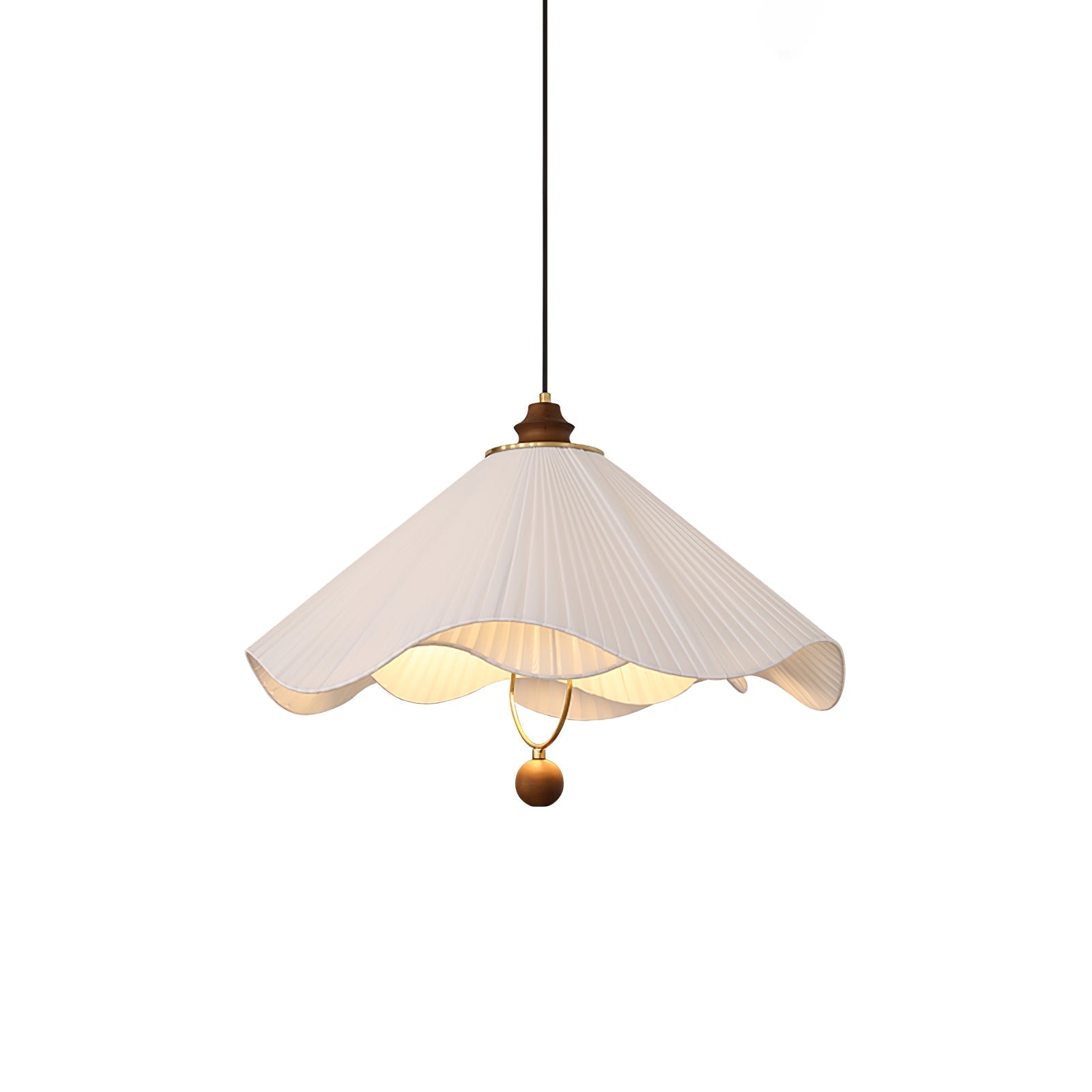 Scalloped Edge Pleated Shade Pendant Light Walnut Finish Indoor Hanging Lamp