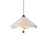 Scalloped Edge Pleated Shade Pendant Light Walnut Finish Indoor Hanging Lamp