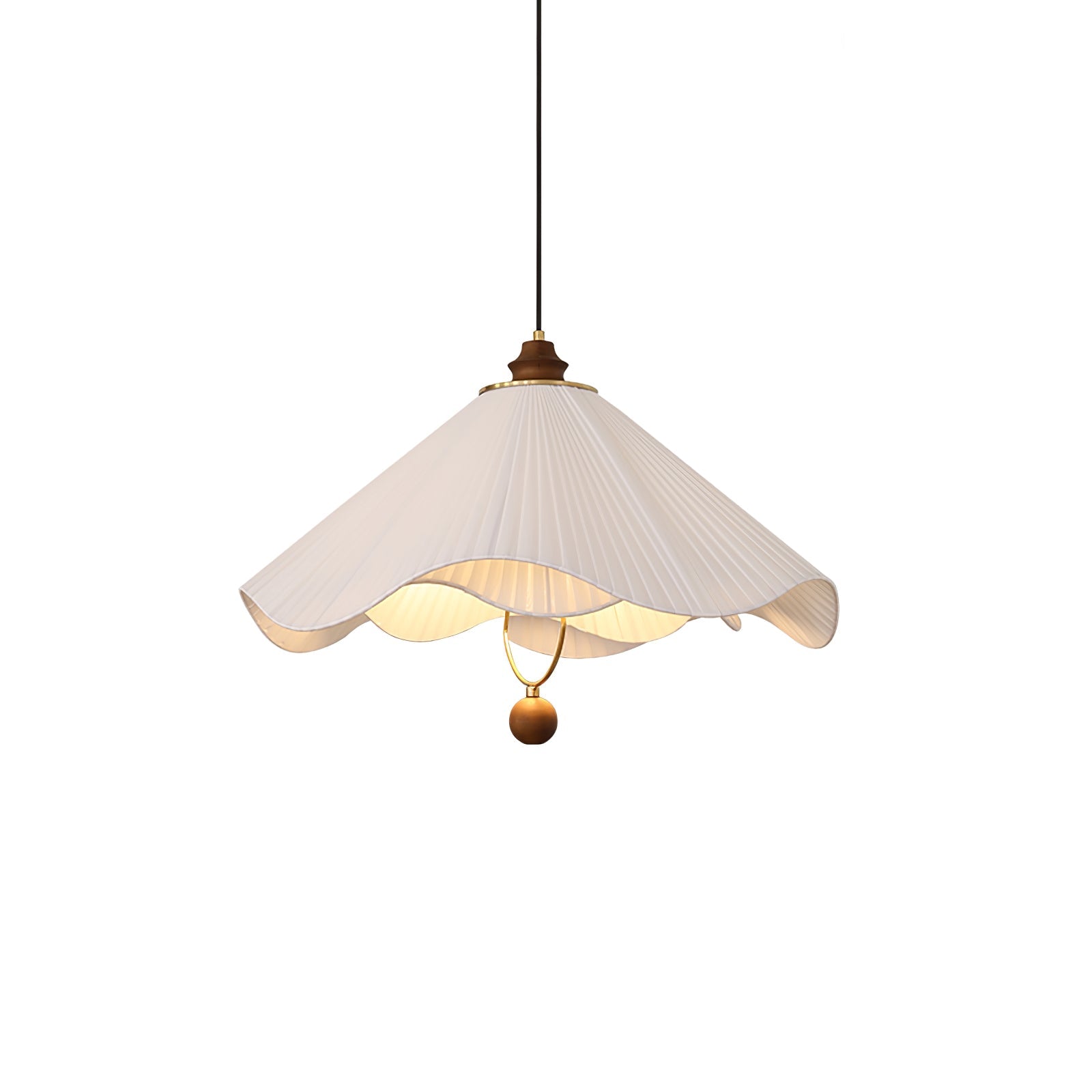 Scalloped Edge Pleated Shade Pendant Light Walnut Finish Indoor Hanging Lamp