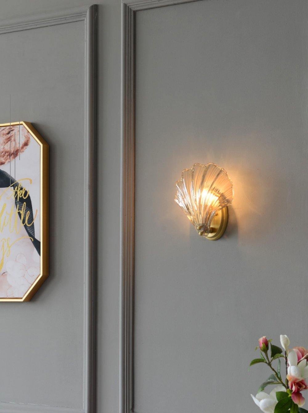 Scalloped Glass Shell Wall Sconce Set of 2 with Brass Finish for Indoor Lighting