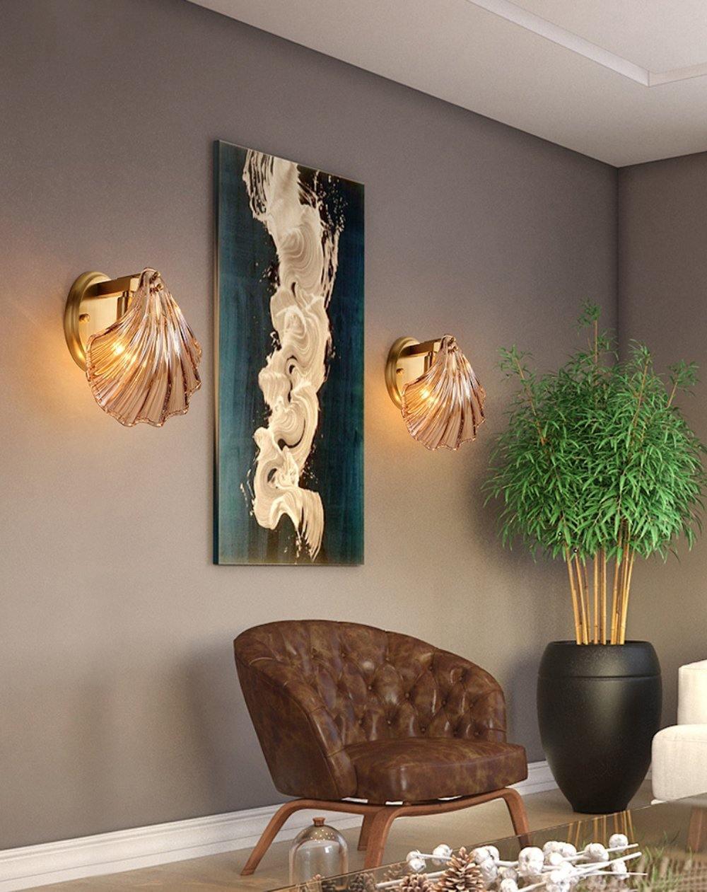 Scalloped Glass Shell Wall Sconce Set of 2 with Brass Finish for Indoor Lighting