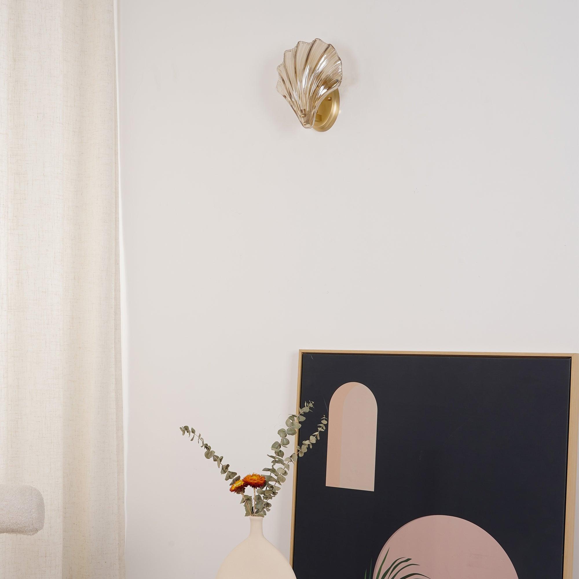 Scalloped Glass Shell Wall Sconce Set of 2 with Brass Finish for Indoor Lighting