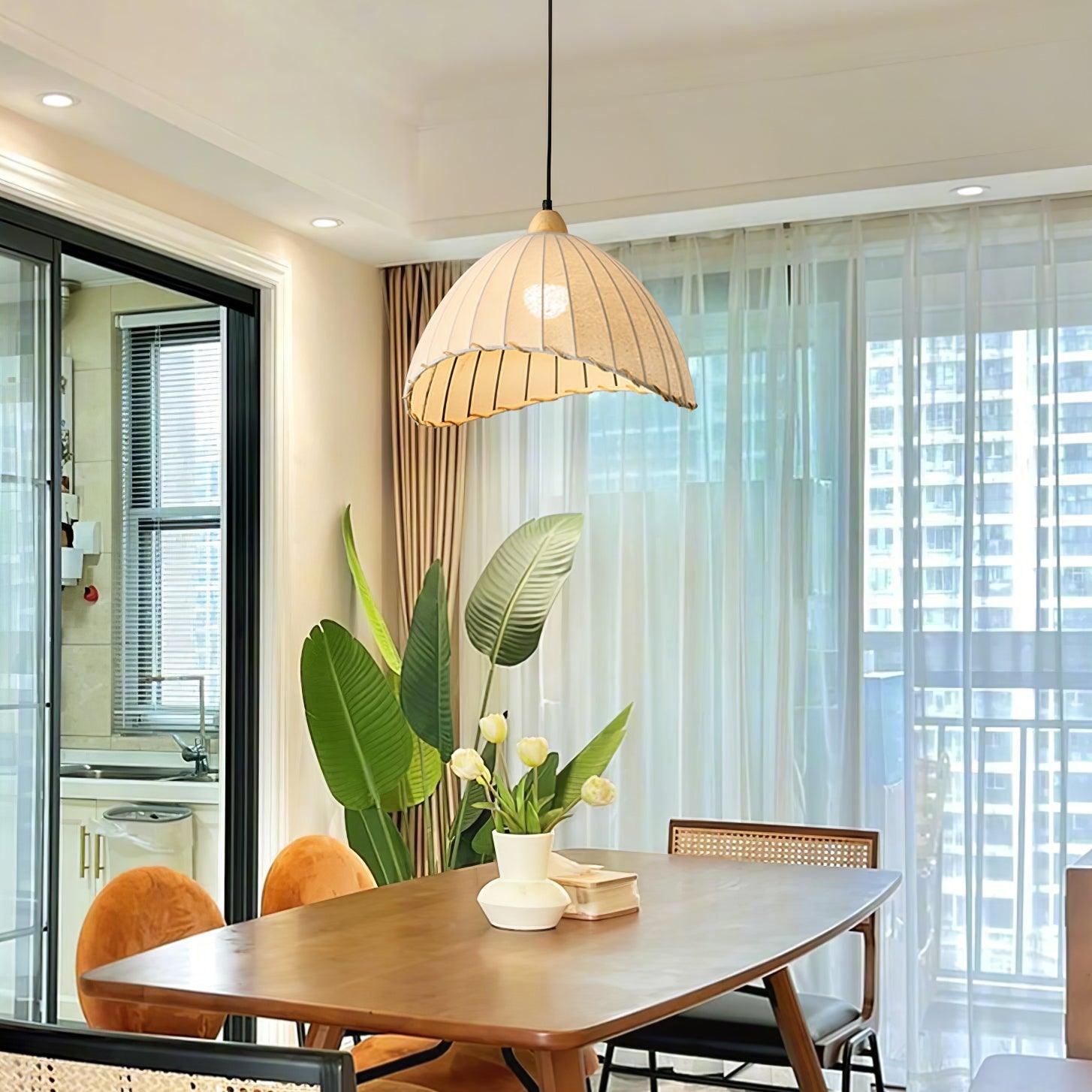 Scandi Sanna Fabric Pendant Lamp with Wood Accents Modern Interior Hanging Light