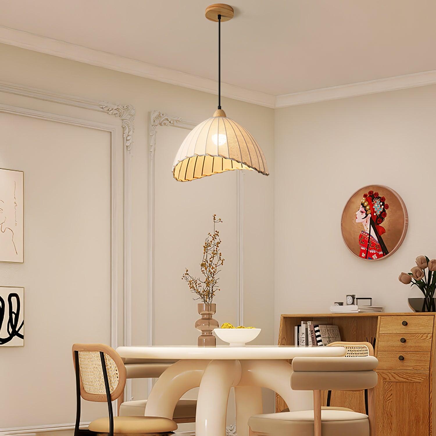 Scandi Sanna Fabric Pendant Lamp with Wood Accents Modern Interior Hanging Light
