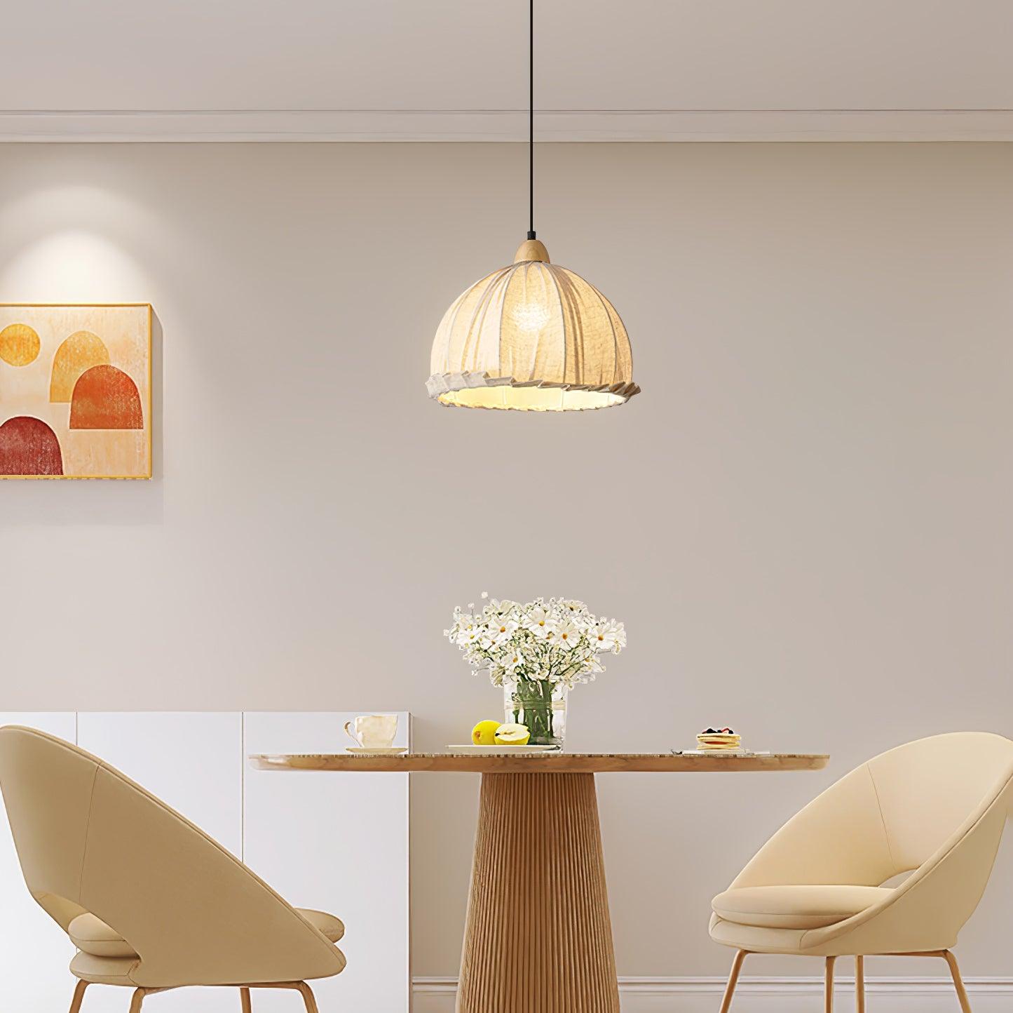 Scandi Sanna Fabric Pendant Lamp with Wood Accents Modern Interior Hanging Light
