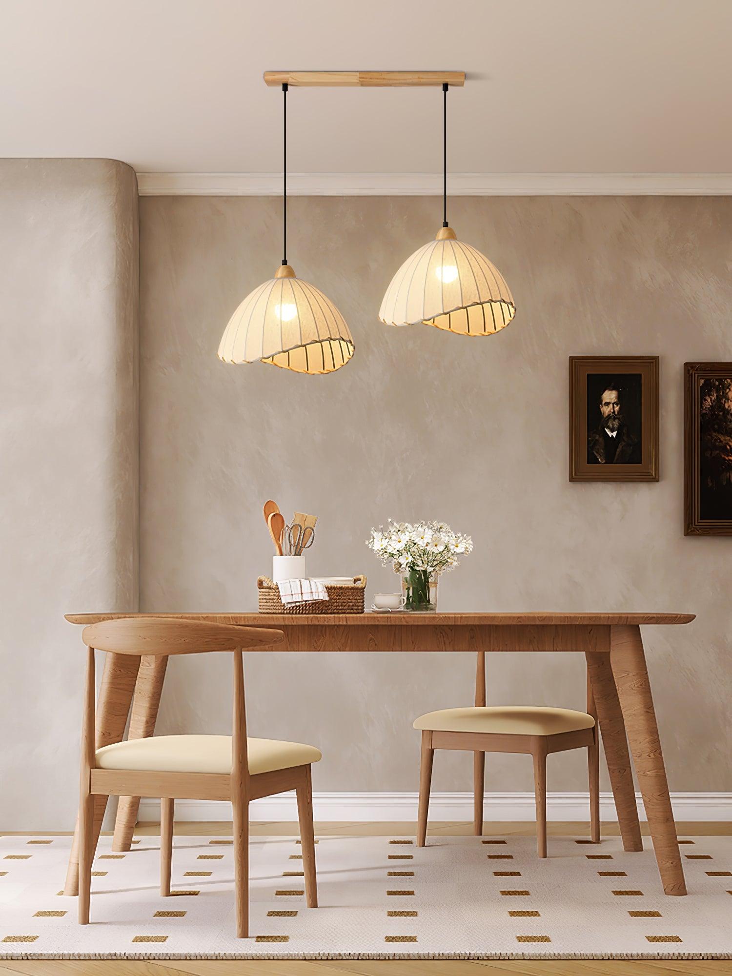 Scandi Sanna Fabric Pendant Lamp with Wood Accents Modern Interior Hanging Light