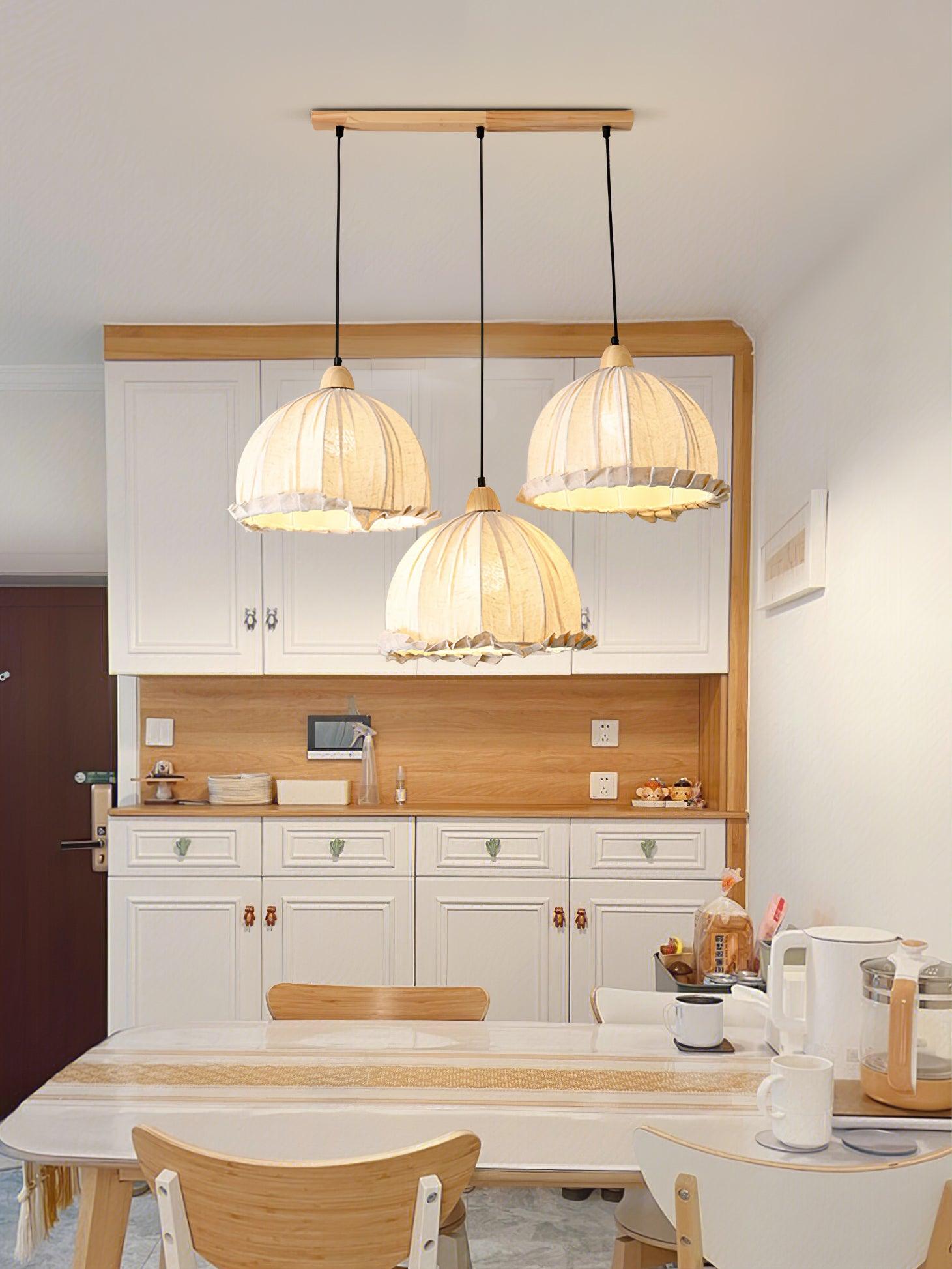 Scandi Sanna Fabric Pendant Lamp with Wood Accents Modern Interior Hanging Light