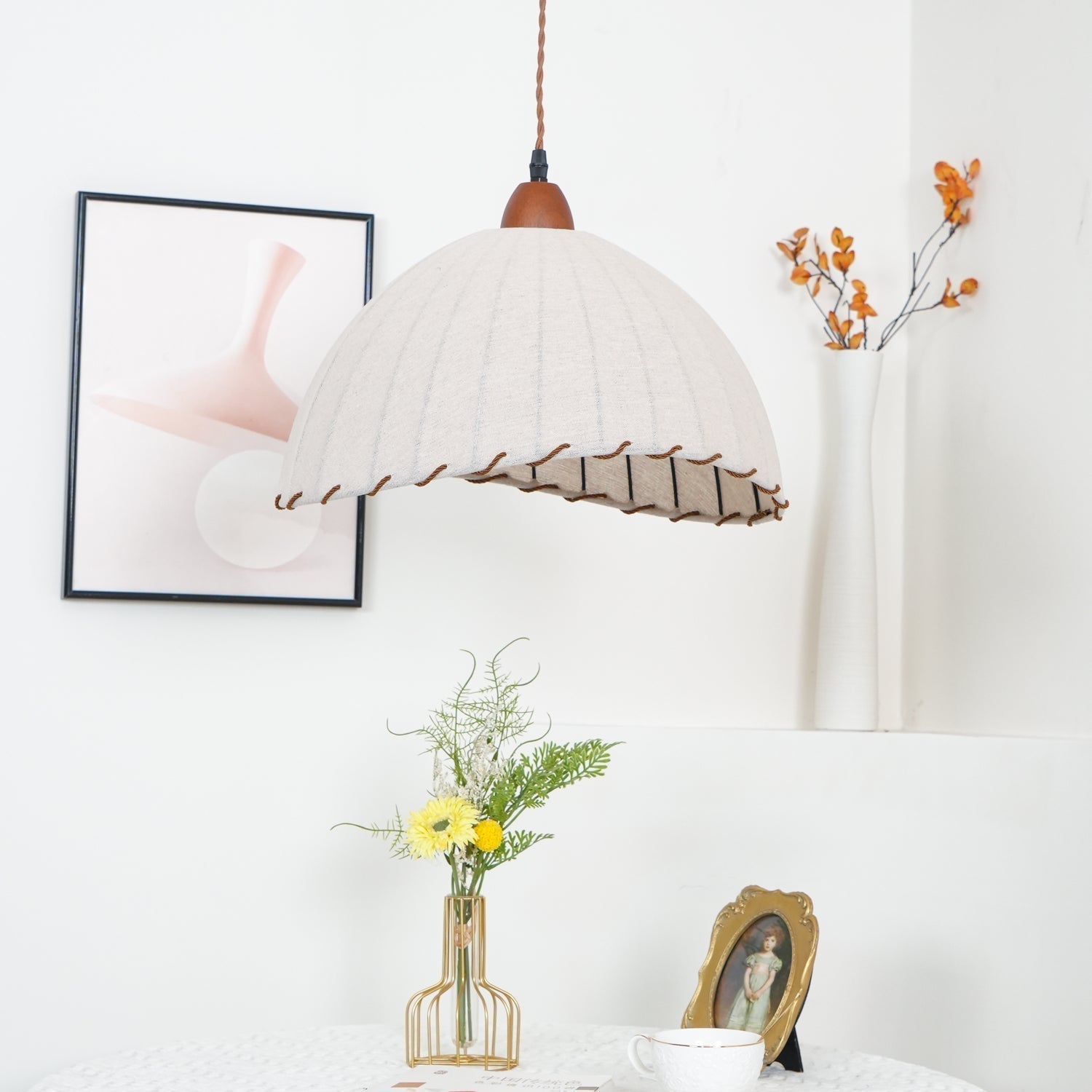 Scandi Sanna Fabric Pendant Lamp with Wood Accents Modern Interior Hanging Light