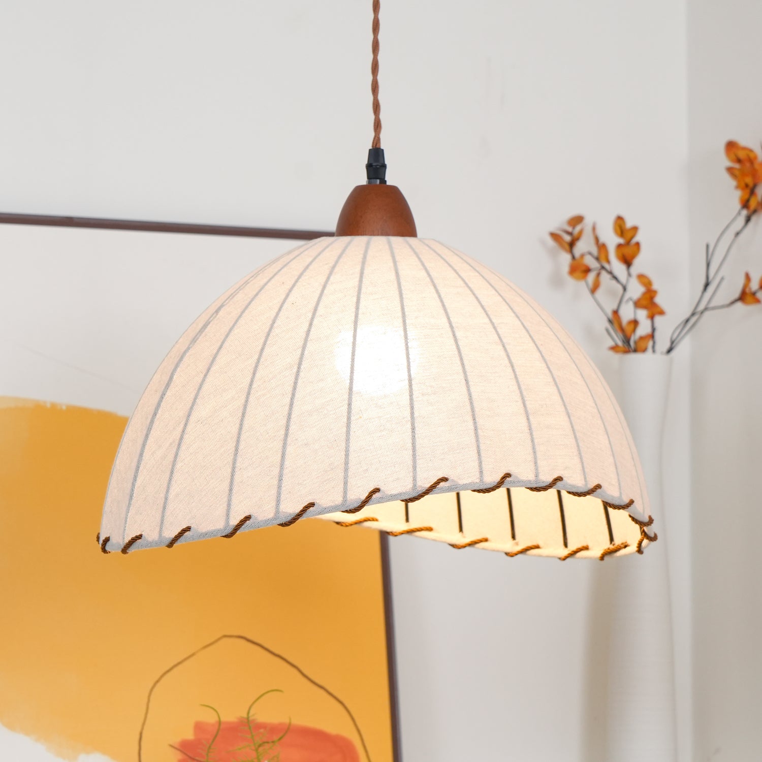 Scandi Sanna Fabric Pendant Lamp with Wood Accents Modern Interior Hanging Light