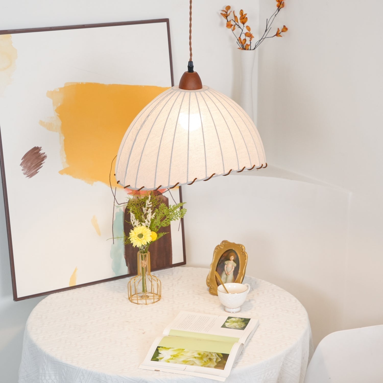 Scandi Sanna Fabric Pendant Lamp with Wood Accents Modern Interior Hanging Light