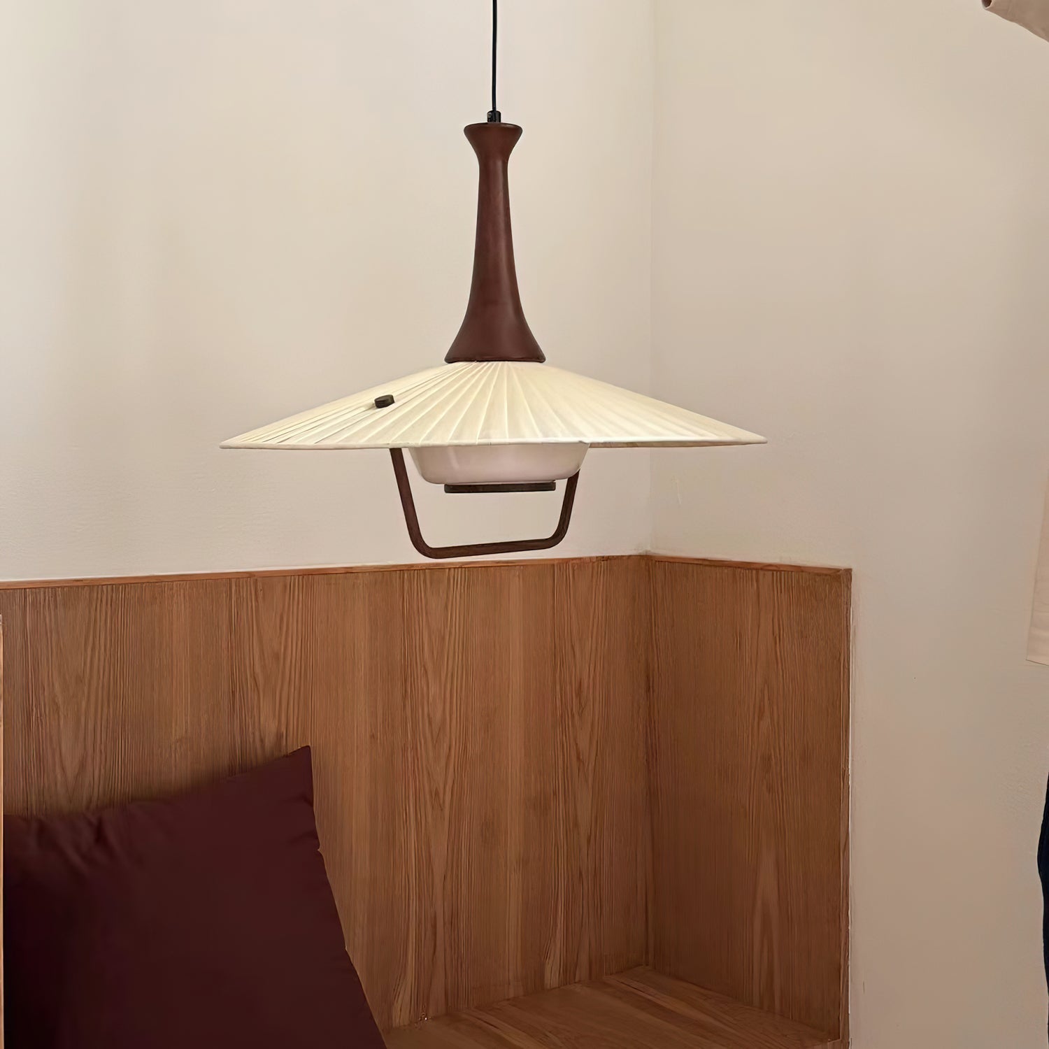 Scandinavian Eikon Hanging Pendant Lamp with Walnut Wood Neck and Fabric Shade