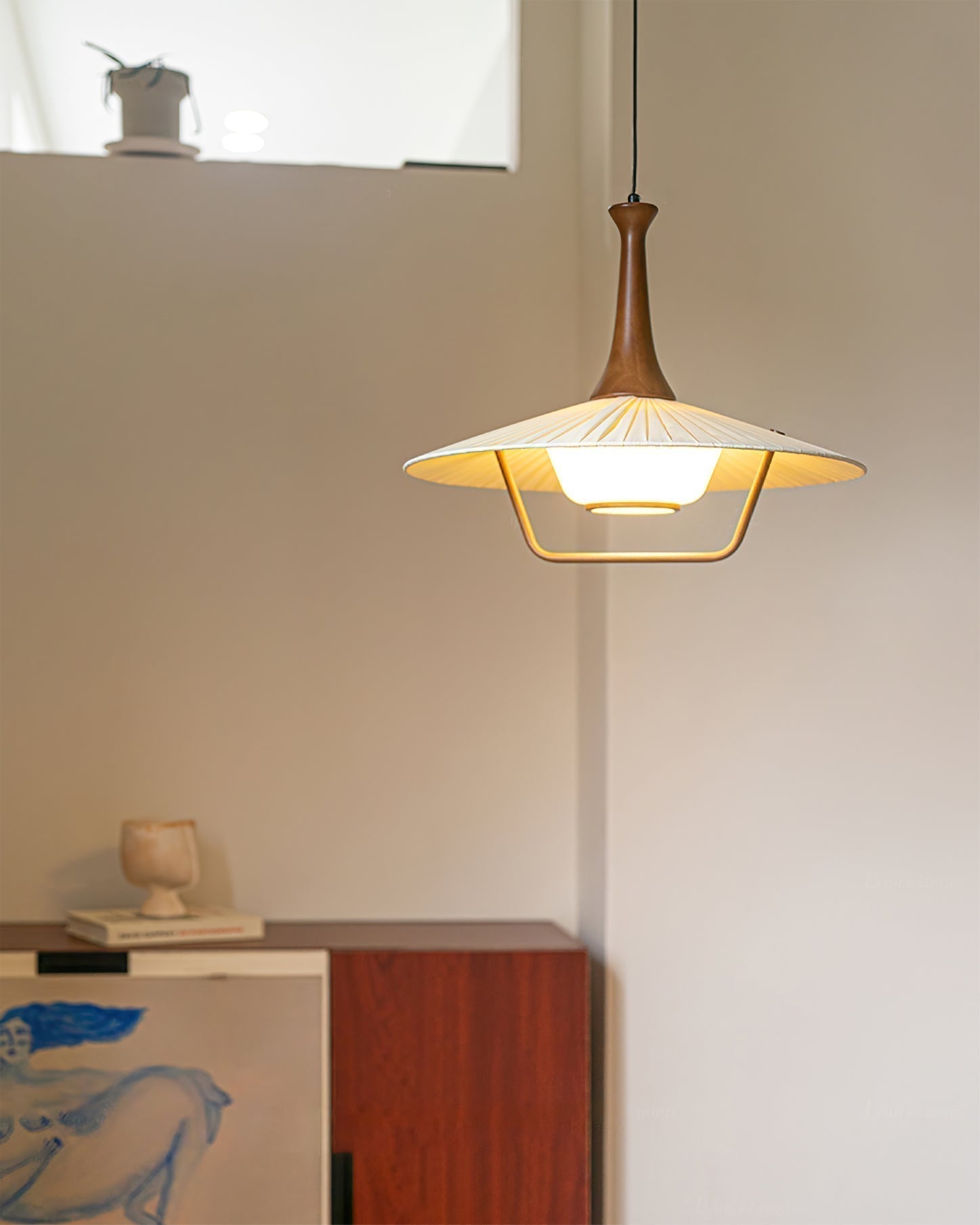 Scandinavian Eikon Hanging Pendant Lamp with Walnut Wood Neck and Fabric Shade