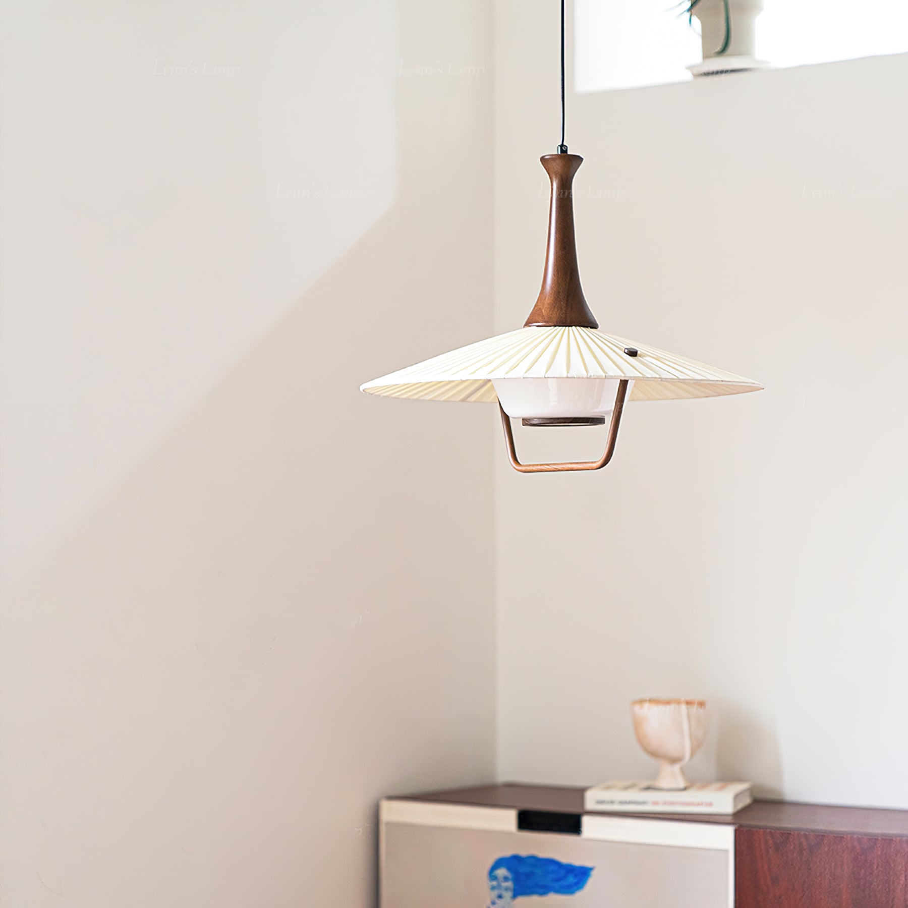 Scandinavian Eikon Hanging Pendant Lamp with Walnut Wood Neck and Fabric Shade