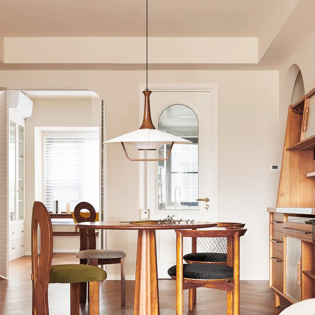 Scandinavian Eikon Hanging Pendant Lamp with Walnut Wood Neck and Fabric Shade