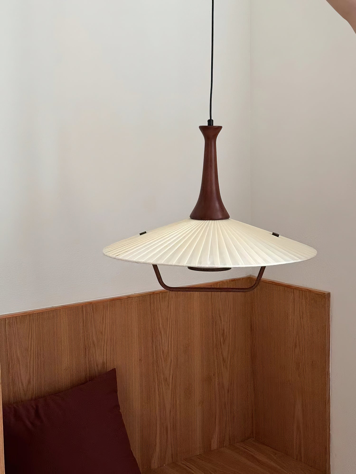 Scandinavian Eikon Hanging Pendant Lamp with Walnut Wood Neck and Fabric Shade