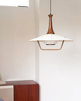 Scandinavian Eikon Hanging Pendant Lamp with Walnut Wood Neck and Fabric Shade