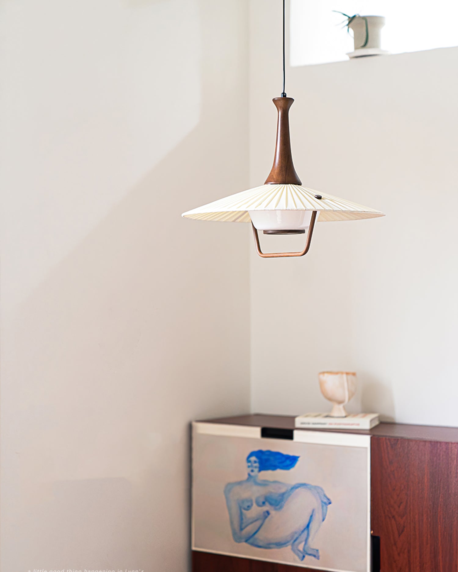 Scandinavian Eikon Hanging Pendant Lamp with Walnut Wood Neck and Fabric Shade